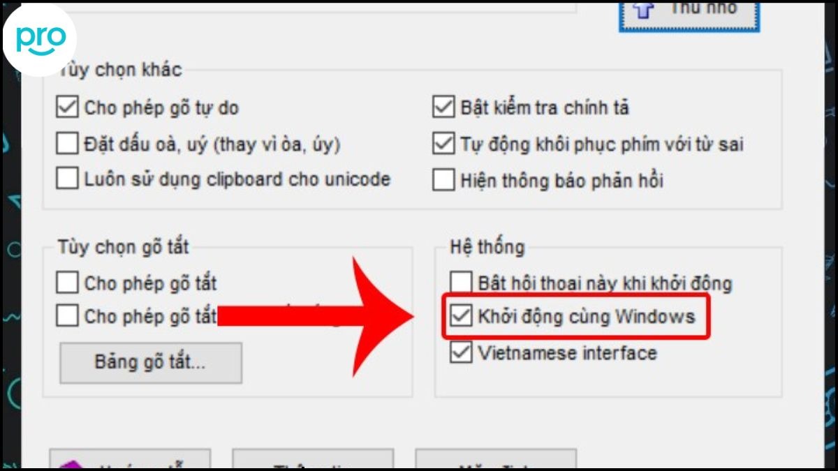 Tick vào ô Khởi động cùng Windows để Unikey tự động chạy