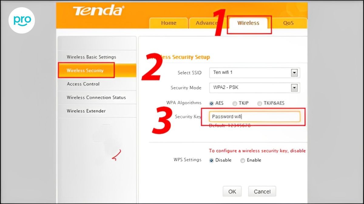 Tenda thường vào Wireless > Wireless Security > Security Key để đổi mật khẩu