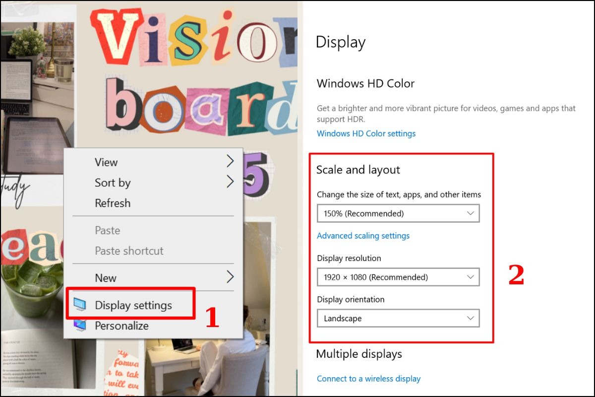 Trên laptop Windows, truy cập Display Settings, chỉnh Display Resolution và Scale and Layout
