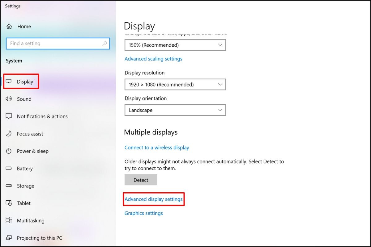 Trong Display Settings, cuộn xuống dưới cùng, bạn sẽ thấy mục Advanced display settings