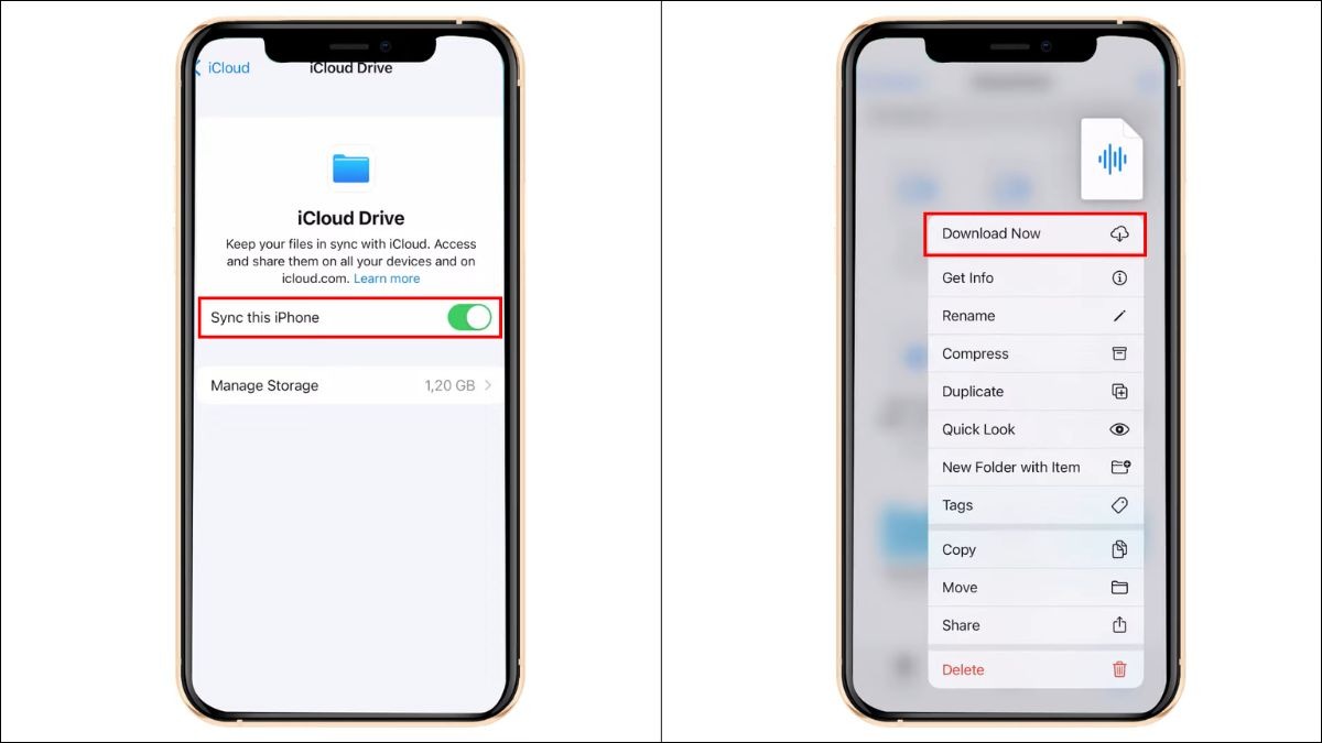 Đăng nhập iCloud của bạn trên iPhone và bật tính năng Đồng bộ hóa thư viện, sau đó vào ứng dụng Tệp trên iPhone, nhấn giữ file nhạc đã đồng bộ, bấm Download.