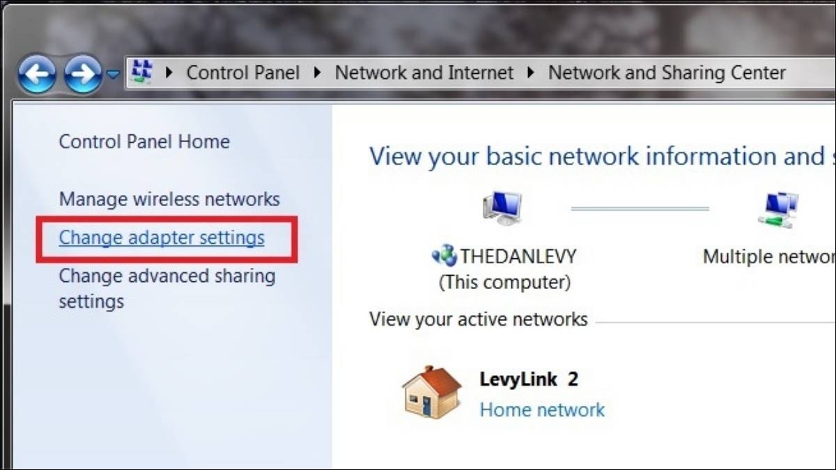Nhấn nút Start > Control Panel > Network and Sharing Center > Change Adapter Settings