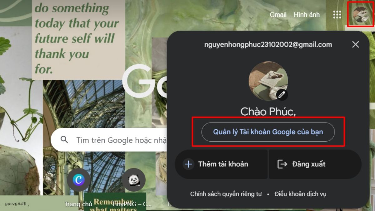 Truy cập vào Tài khoản Google của bạn, nhấn vào hình đại diện rồi chọn Quản lý Tài khoản Google của bạn.