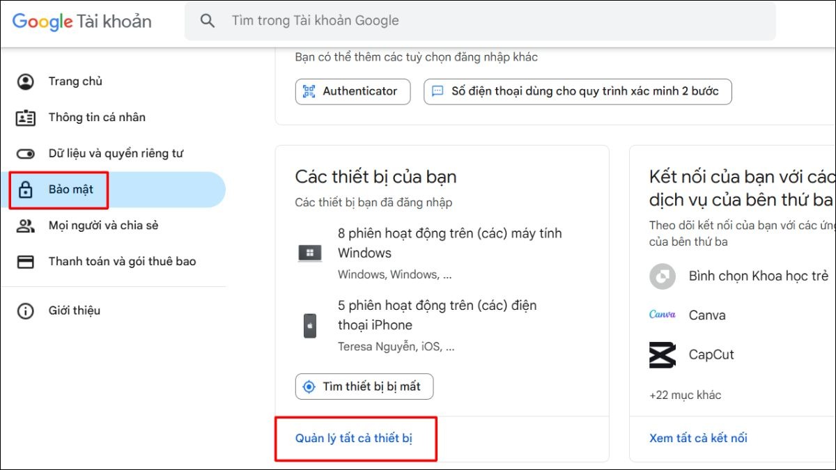 Chọn mục Bảo mật ở thanh điều hướng bên trái, sau đó chọn Quản lý tất cả các thiết bị.