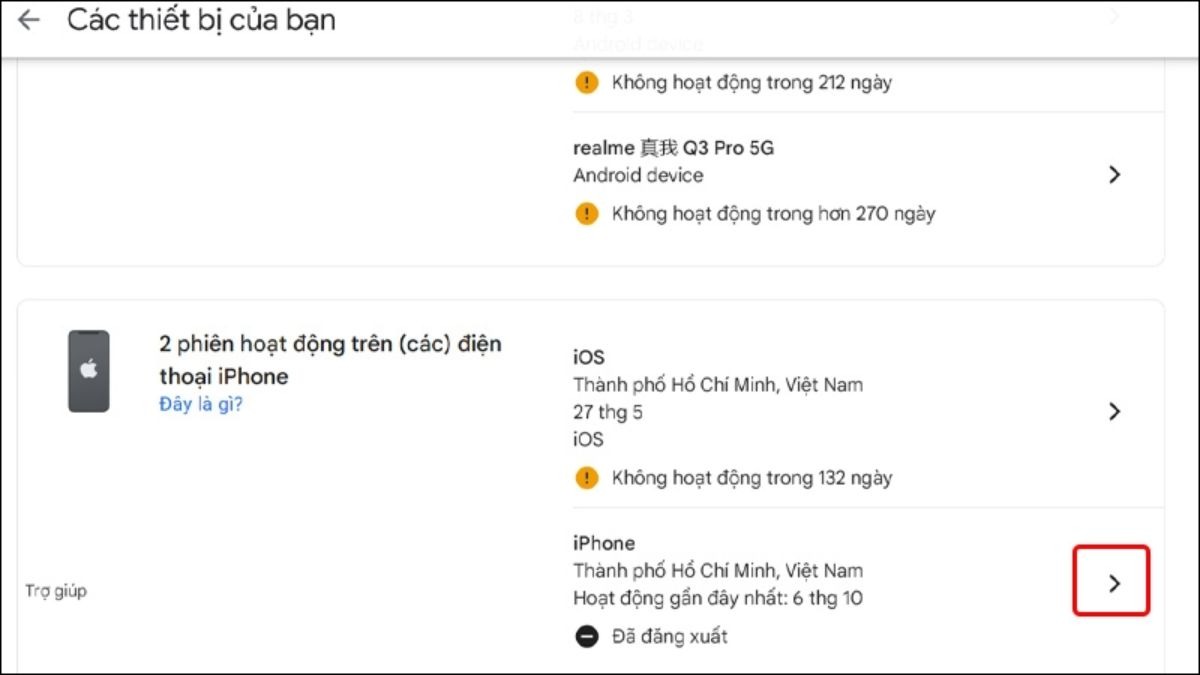 Nhấn vào biểu tượng mũi tên của thiết bị mà bạn muốn đăng xuất Gmail.