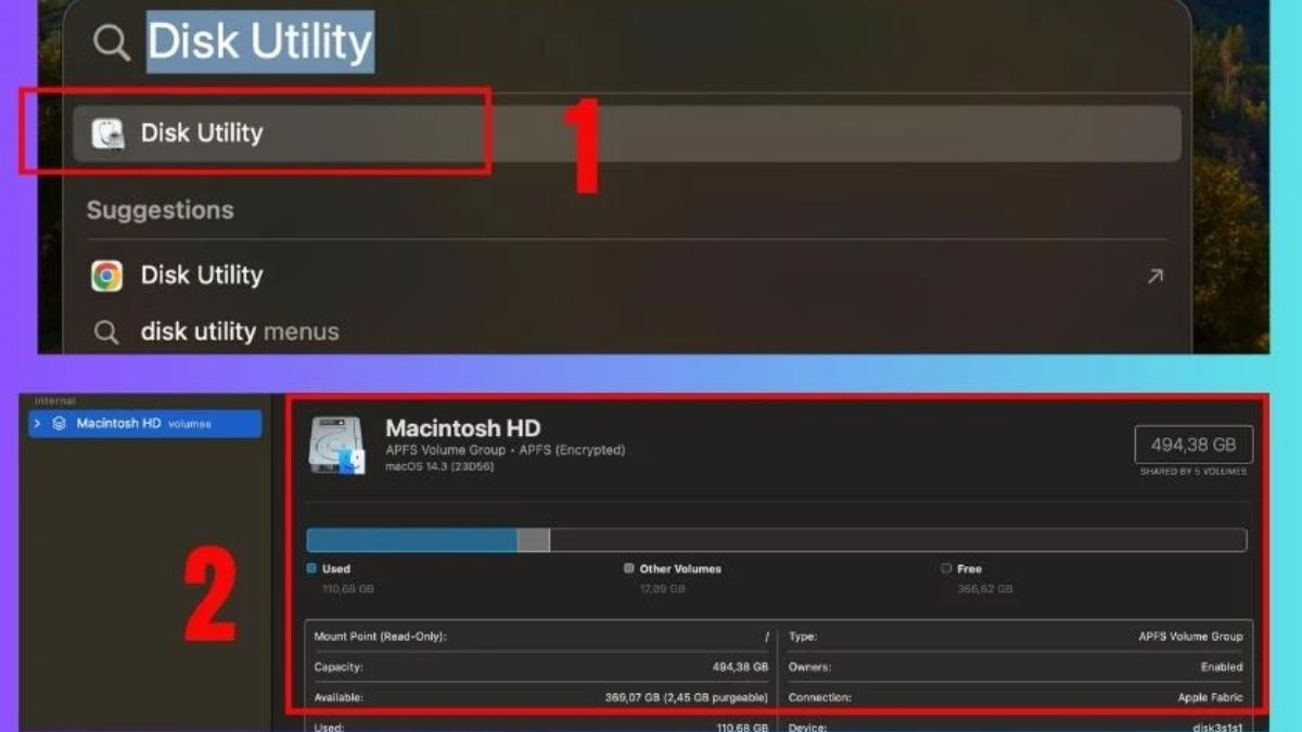 Tìm công cụ Disk Utility rồi chọn dòng đầu tiên xuất hiện.