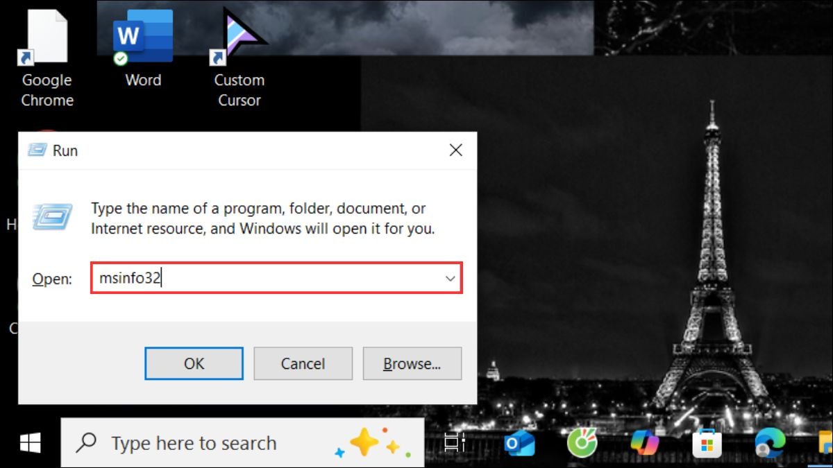 Nhấn tổ hợp phím Windows + R để mở hộp thoại Run, sau đó gõ msinfo32 và nhấn Enter.