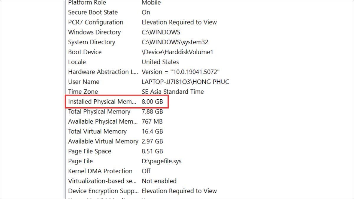 Trong cửa sổ System Information, bạn sẽ thấy thông tin chi tiết về bộ nhớ RAM (Installed Physical Memory (RAM)).