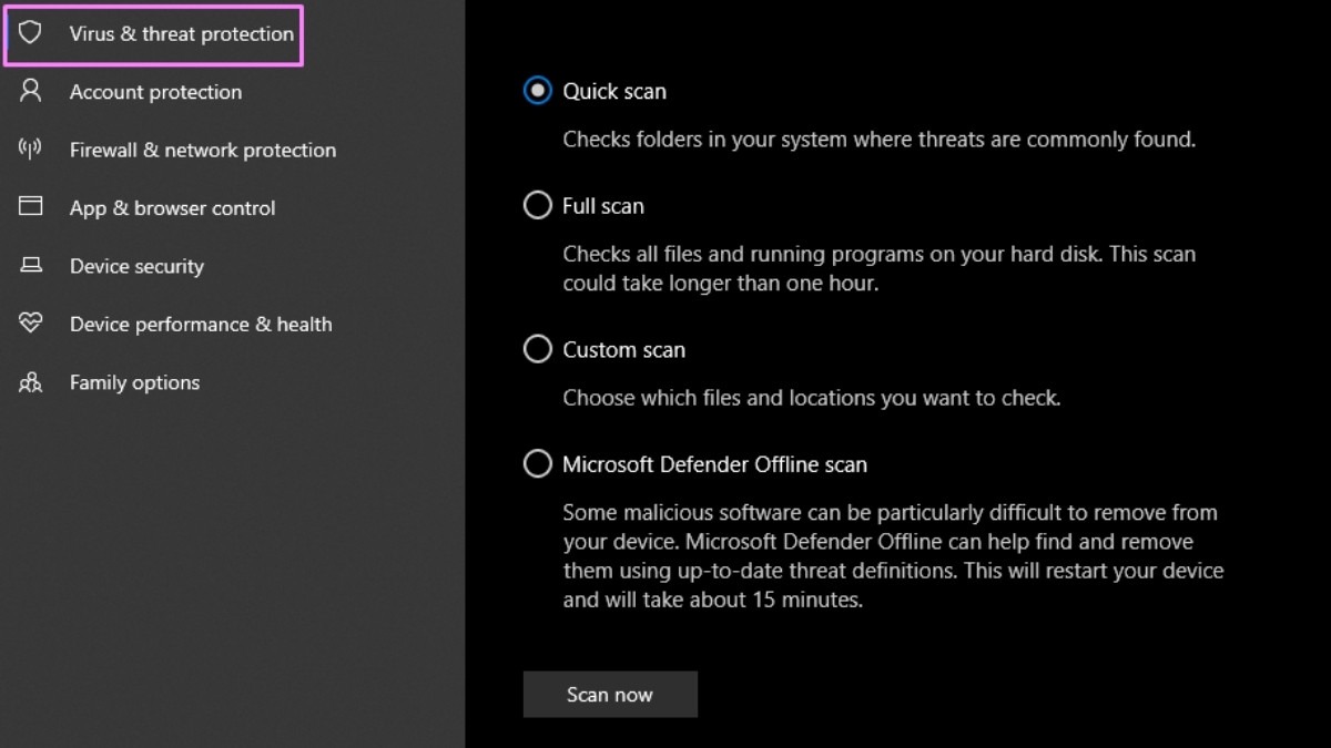 Windows Security cung cấp một số tùy chọn quét