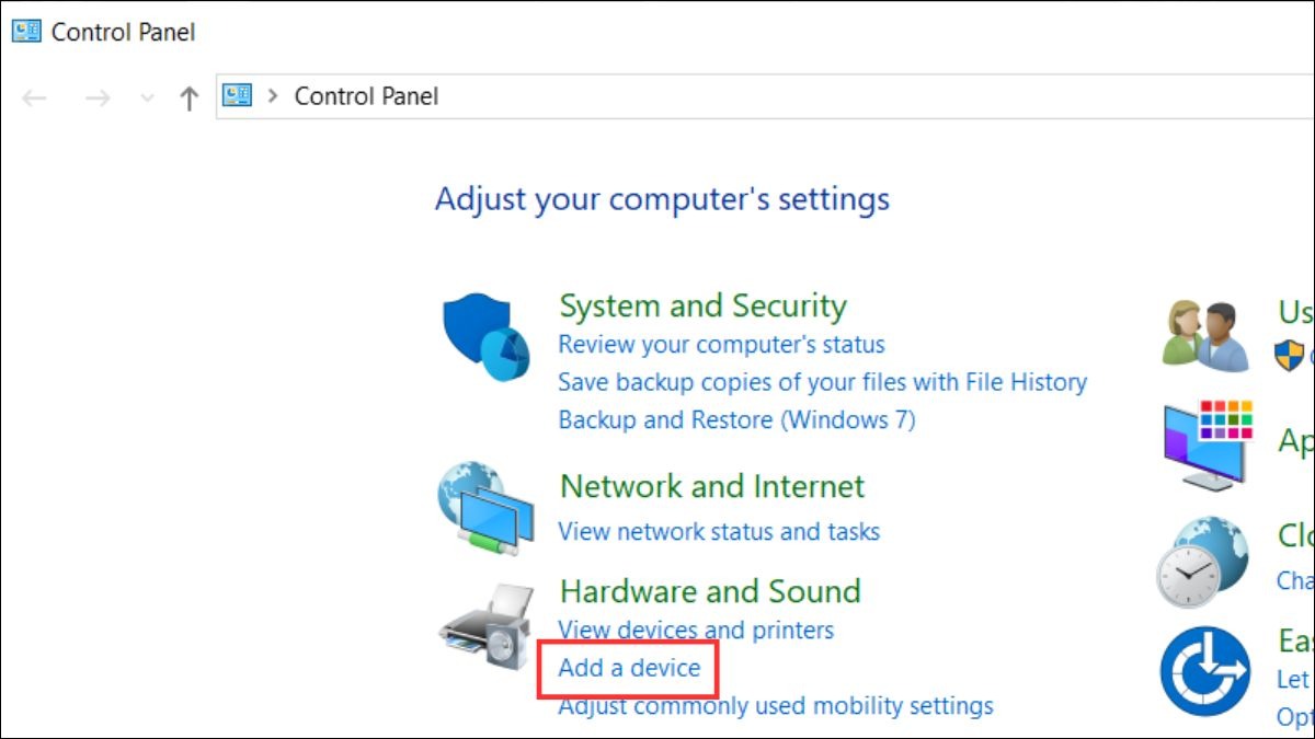 Nếu Windows không tự động cài đặt, hãy mở Control Panel và chọn Add a device.