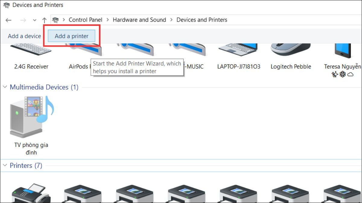Chọn Add a printer và làm theo hướng dẫn trên màn hình. Windows có thể yêu cầu bạn cung cấp driver usb.