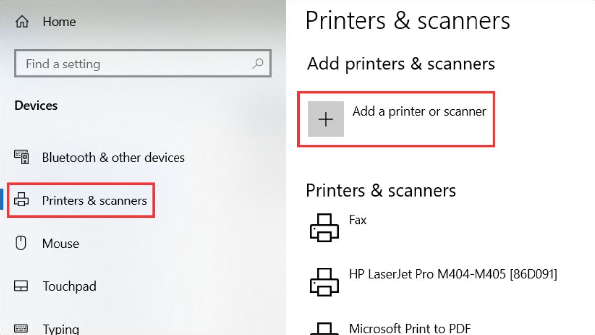 Chọn Printers & scanners, tiếp theo chọn Add a Printer or scanner. Lúc này, hệ thống sẽ quét và tìm kiếm máy in.