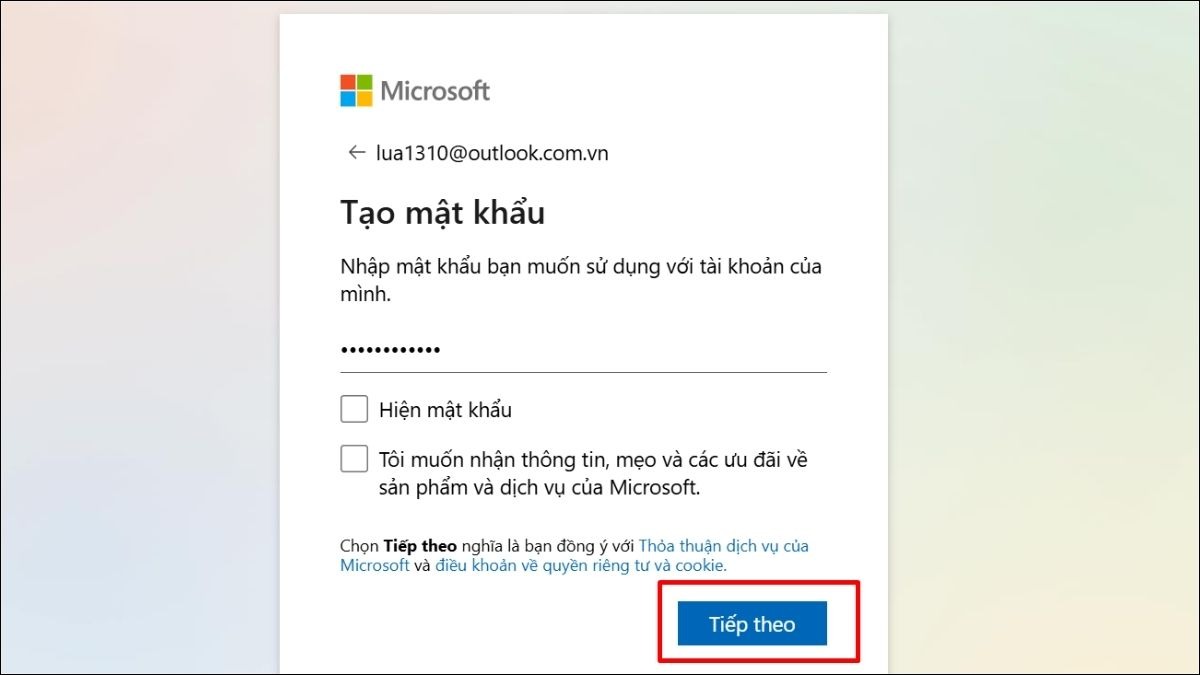 Tạo mật khẩu cho tài khoản và nhấn Tiếp theo