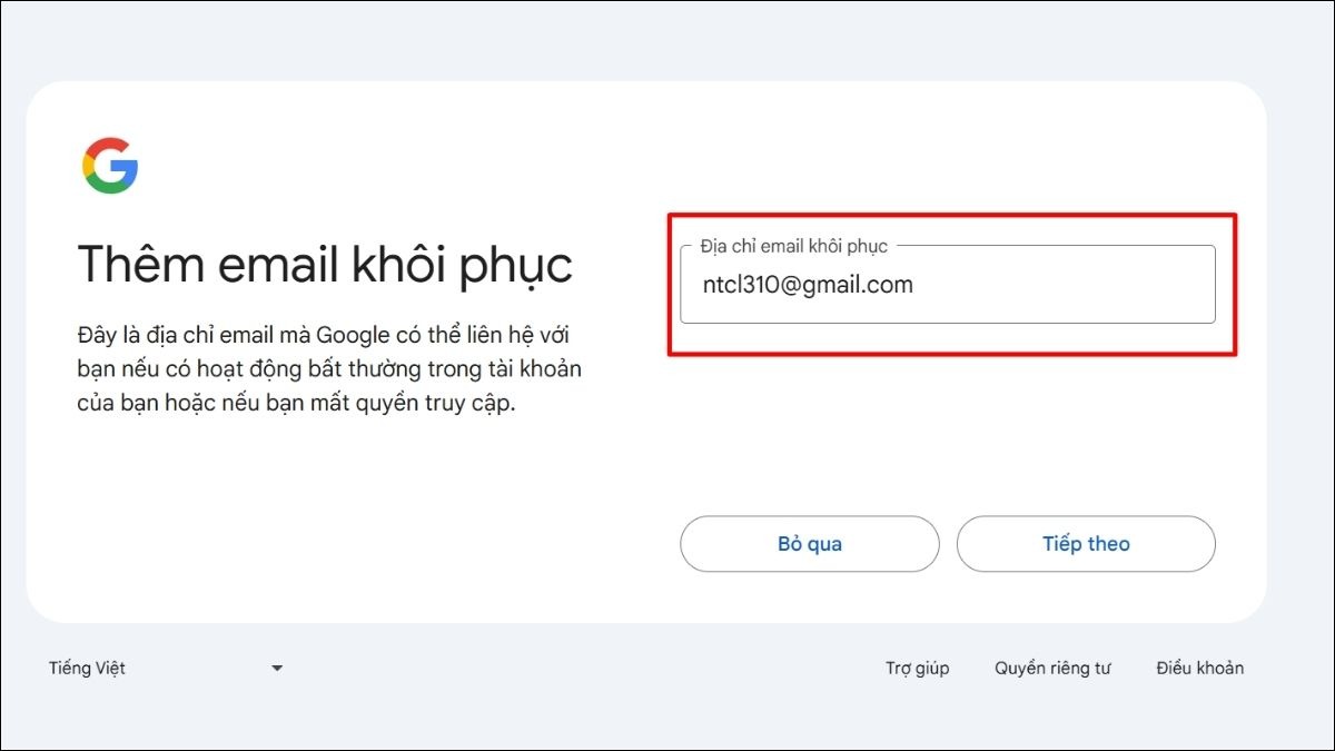 Bạn có thể nhập địa chỉ email khôi phục, ngày sinh và giới tính