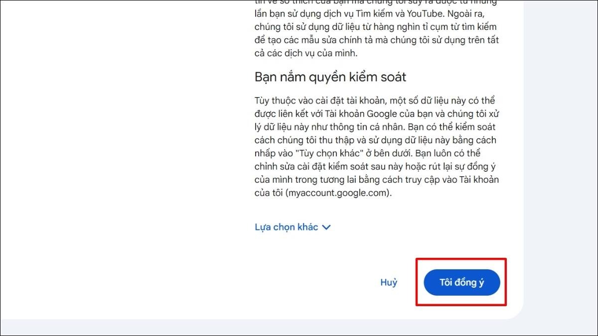 Đọc và đồng ý với điều khoản dịch vụ của Google