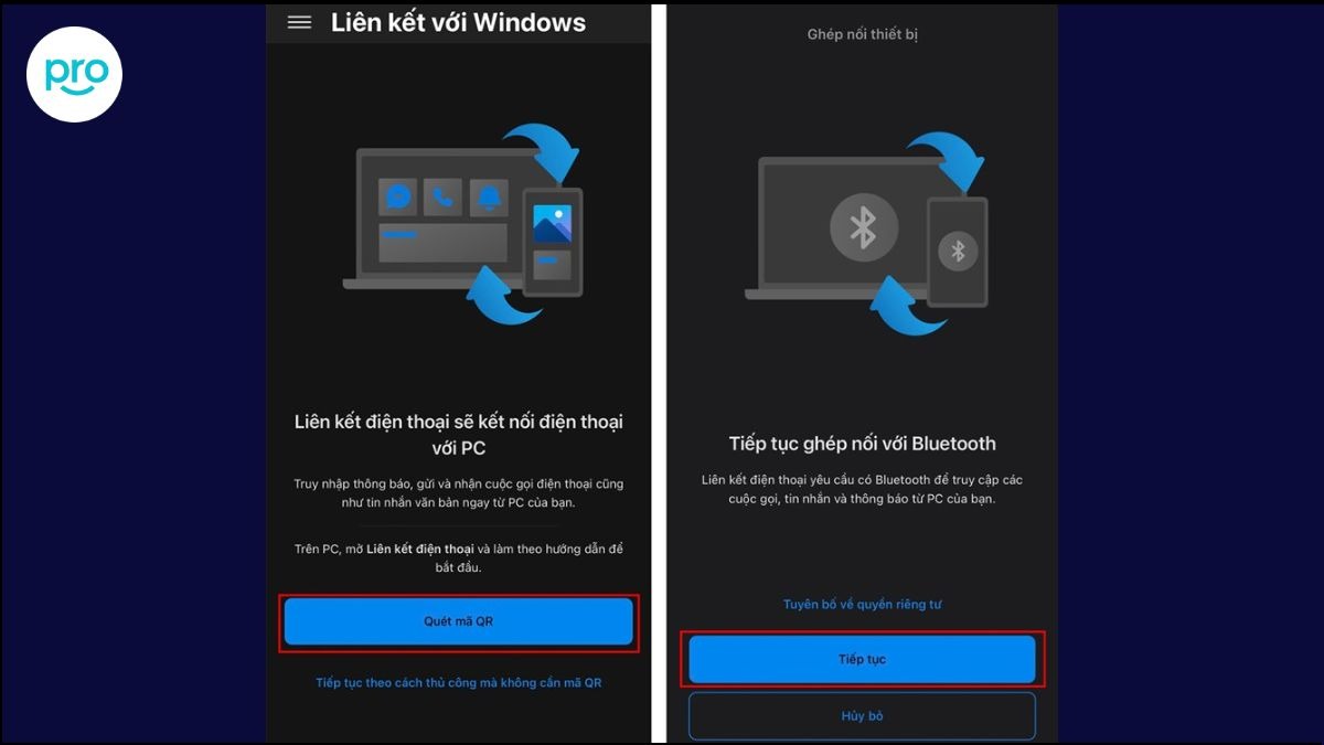 Bước 4: Trên iPhone tải về ứng dụng Liên kết với Windows > Mở ứng dụng lên chọn Quét mã QR. Sau đó bạn nhấn Tiếp tục trên iPhone và quay trở lại màn hình máy tính đồng ý là đã kết nối được rồi nè.