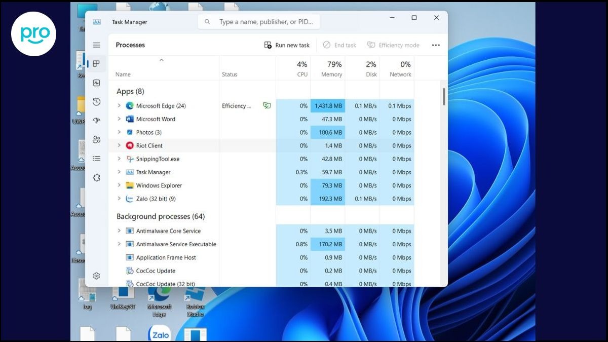 Bước 1: Mở Task Manager > Chuyển sang tab Processes > Xem danh sách các ứng dụng