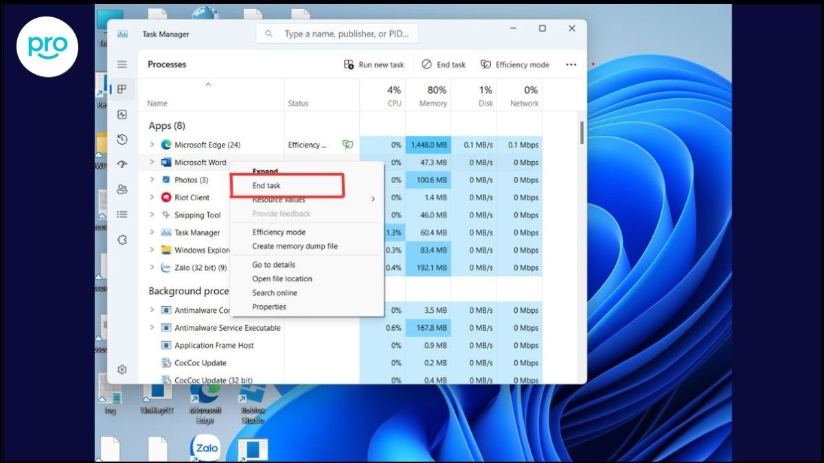 Bước 2: Nhấn chuột phải vào các ứng dụng không cần thiết và chọn End task