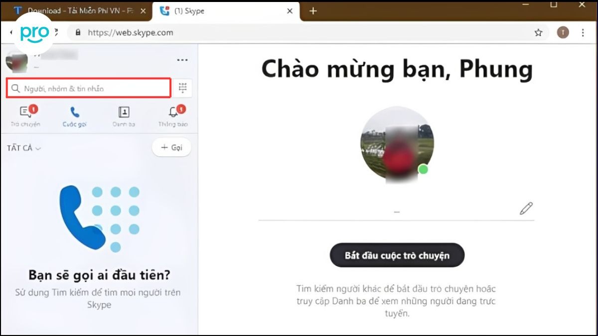 Bước 3: Tìm kiếm tên người dùng Skype hoặc nhập số điện thoại (có tính phí) để gọi