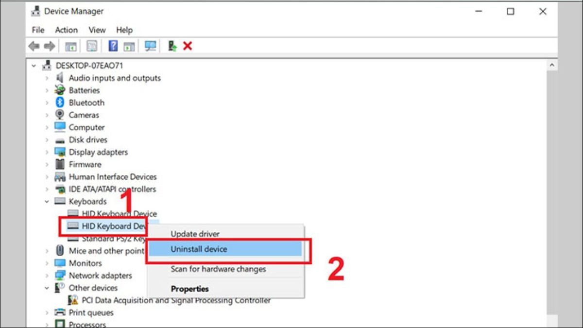 Chuột phải vào driver bàn phím, Chọn Uninstall device