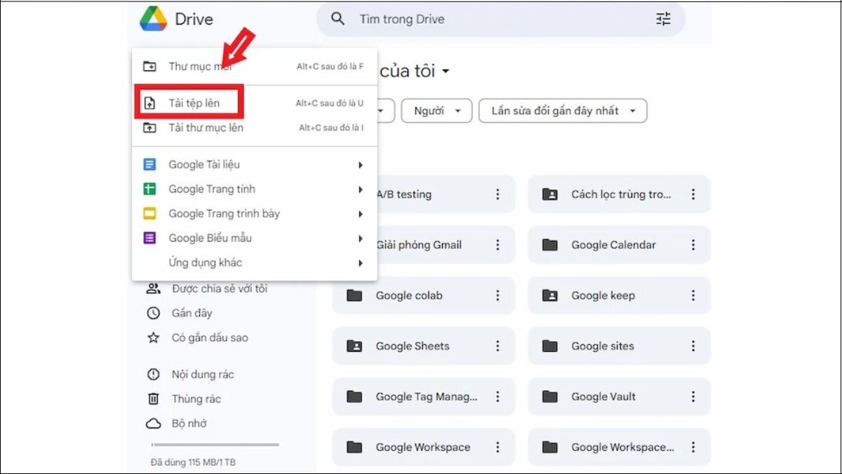 Tải file lên đám mây trên laptop thứ nhất, tải (upload) các file bạn muốn chia sẻ lên thư mục