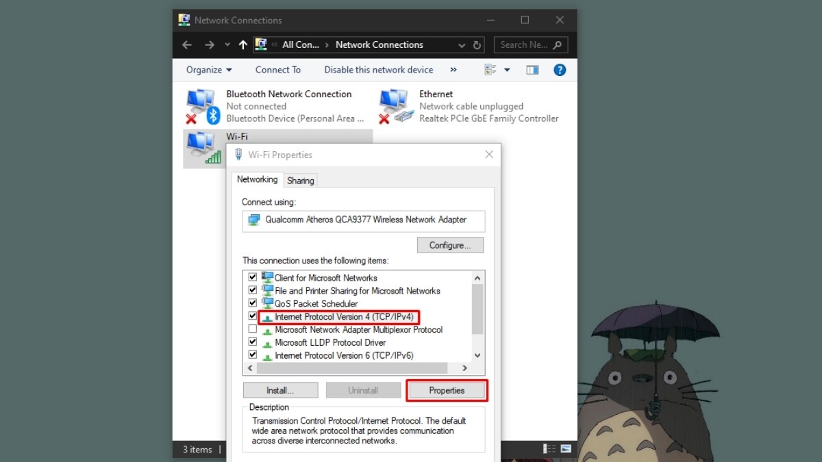 Chọn Internet Protocol Version 4 (TCP/IPv4) và click Properties