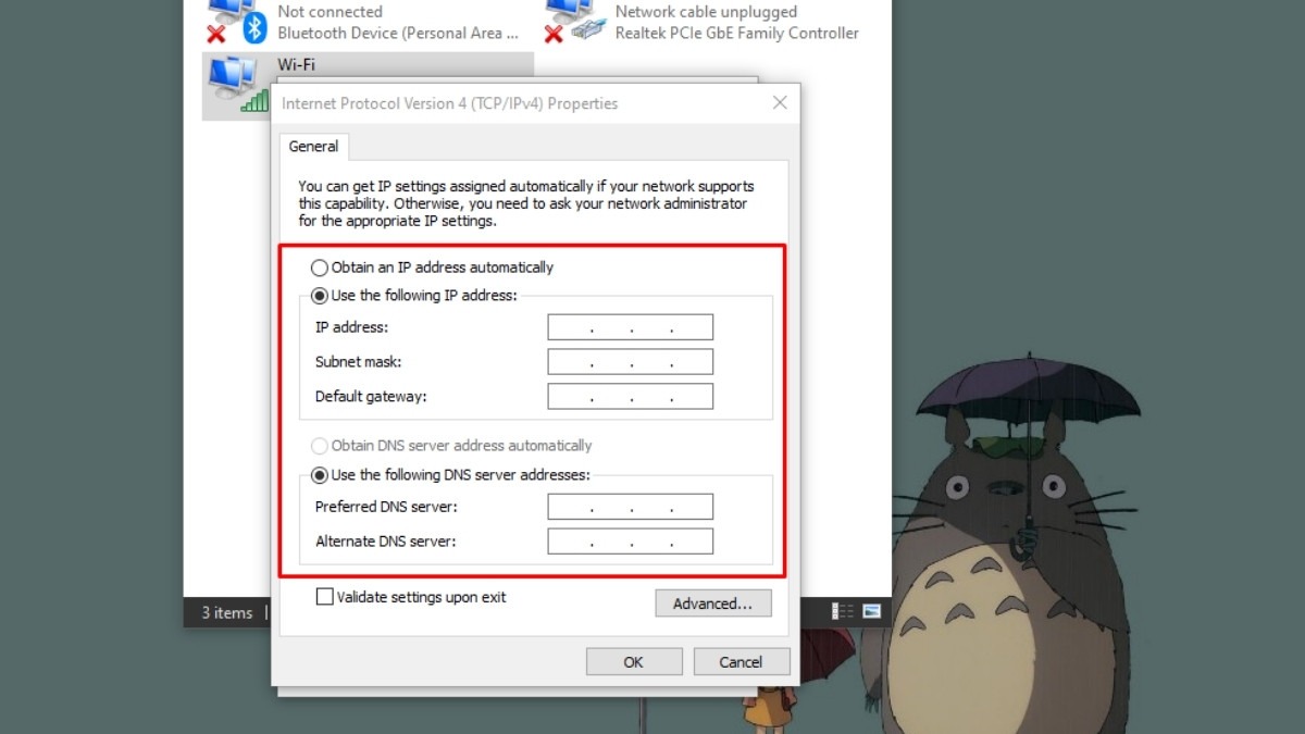 Chọn Use the following IP address