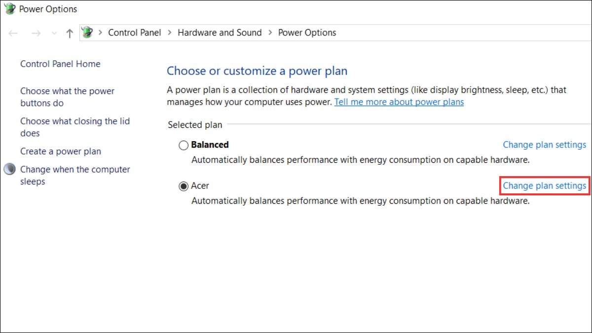 Trong cửa sổ Power Options, tìm đến gói năng lượng (Power Plan) mà bạn đang sử dụng (thường được đánh dấu bằng dấu chấm tròn). Nhấp vào liên kết Change plan settings.