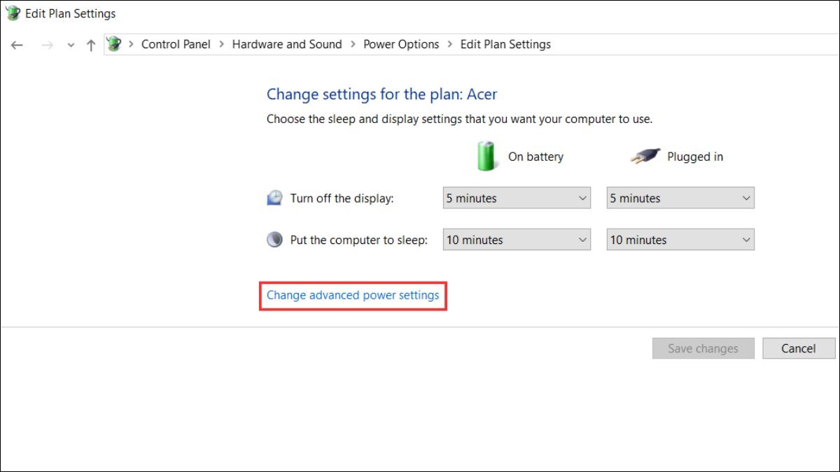 Nhấp vào liên kết Change advanced power settings.