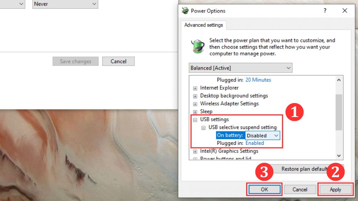 Trong cửa sổ Advanced settings, tìm đến mục USB settings và nhấp vào dấu +, đến khi thấy mục USB selective suspend setting thì bạn đổi từ Enabled (Bật) thành Disabled (Tắt) ở 2 tùy chọn là On battery (Khi dùng pin) và Plugged in (Khi cắm sạc).