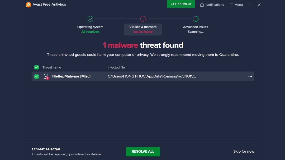 Nếu phần mềm phát hiện bất kỳ virus hoặc phần mềm độc hại nào, hãy làm theo hướng dẫn của phần mềm để tiến hành cách ly hoặc xóa bỏ chúng.