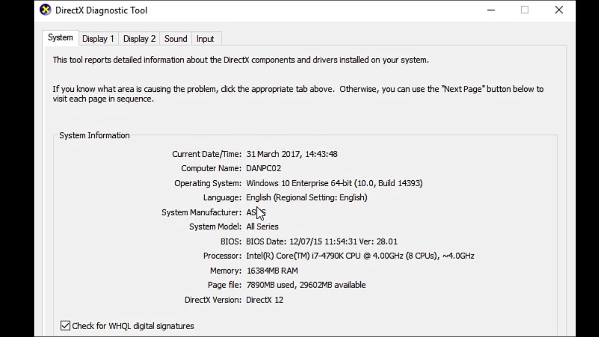Cửa sổ DirectX Diagnostic Tool