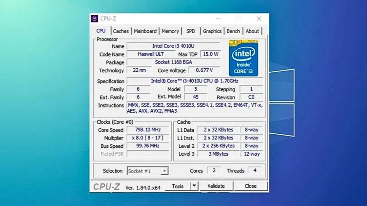 CPU-Z hiển thị thông tin chi tiết về phần cứng của laptop