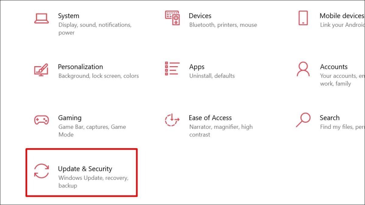 Vào Settings > Update & Security