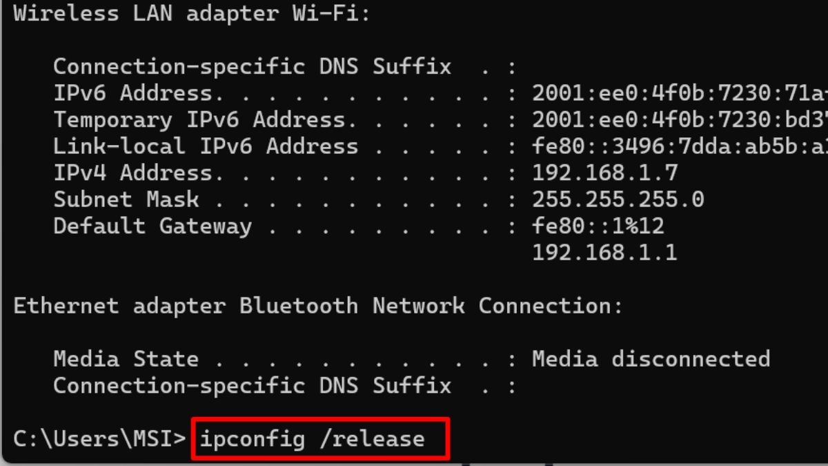 Giải phóng địa chỉ IP hiện tại bằng lệnh “ipconfig /release”