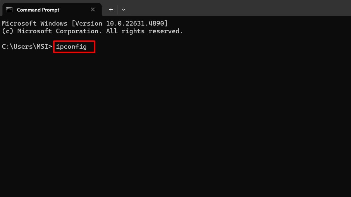 Gõ lệnh “ipconfig” để kiểm tra địa chỉ IP hiện tại