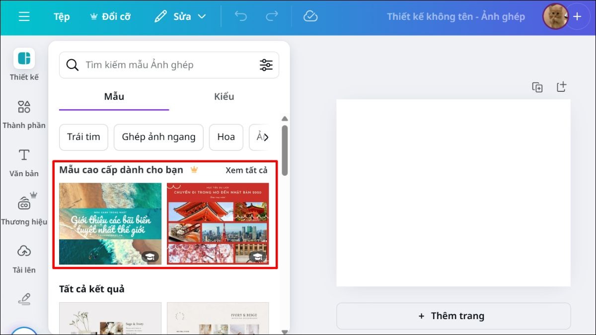 Trong giao diện chỉnh sửa, chọn mẫu có sẵn để thao tác nhanh hơn