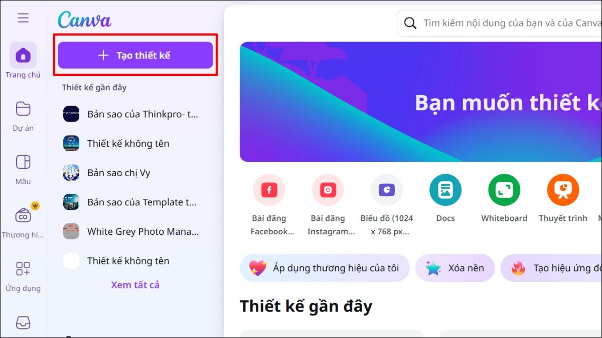 Truy cập Canva, nhấn Tạo thiết kế