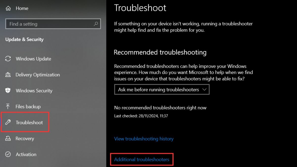 Trong thẻ Troubleshoot, bạn chọn Additional troubleshooters.