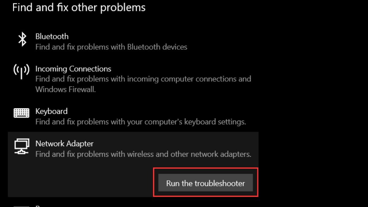 Tìm và chọn Network Adapter và sau đó click Run the troubleshooter.