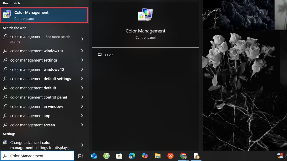 Nhấn phím Windows và gõ Color Management vào ô tìm kiếm, sau đó chọn ứng dụng Color Management.