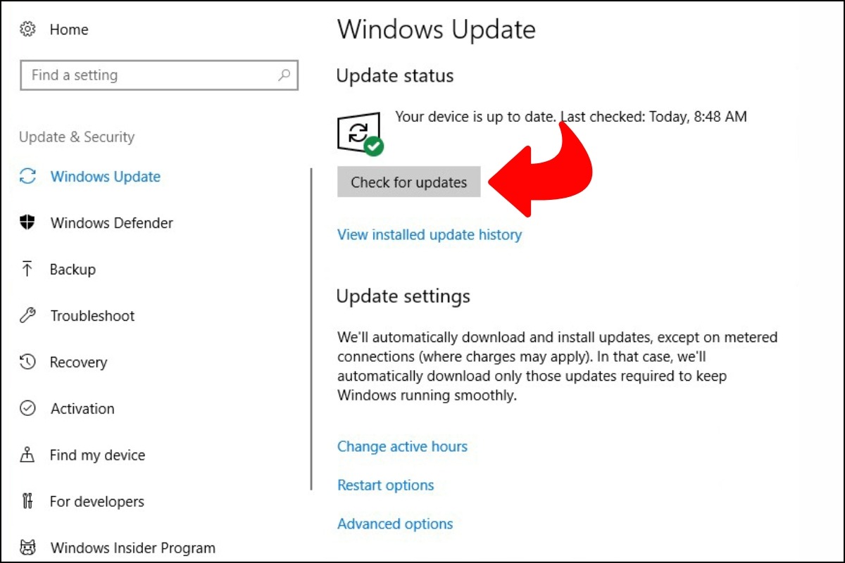 Mở Settings -> Update & Security (Cập nhật & Bảo mật) -> Windows Update -> Check for updates