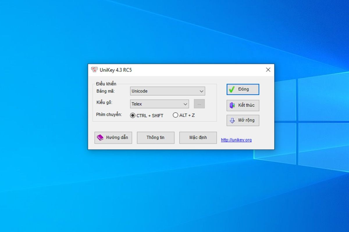Thiết lập Uniket bằng cách chọn bảng mã Unicode và kiểu gõ bạn quen dùng (Telex hoặc VNI)