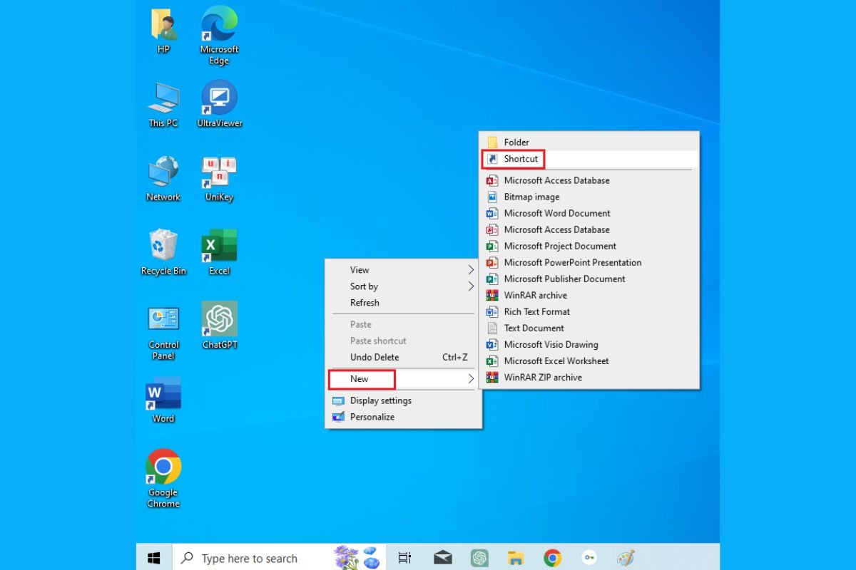 Nhấp chuột phải vào màn hình desktop, chọn New (Tạo mới) > Shortcut (Lối tắt)