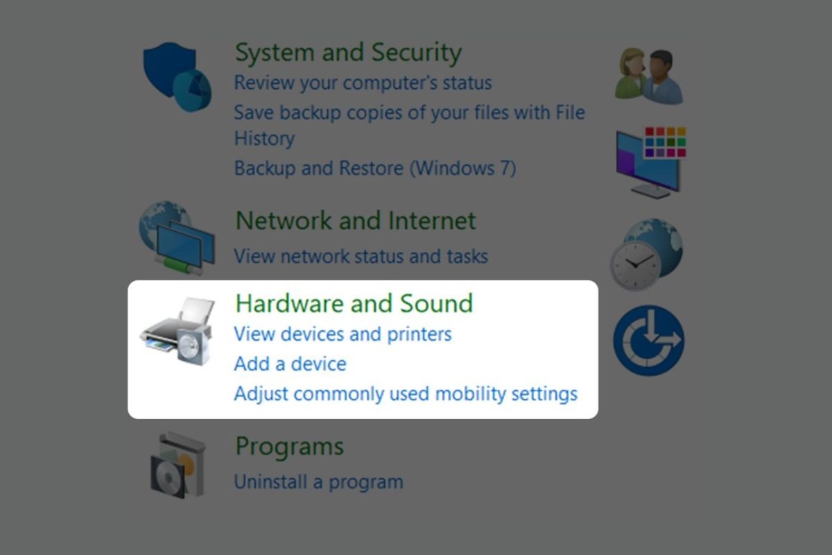 Chọn Hardware and Sound (Phần cứng và Âm thanh)