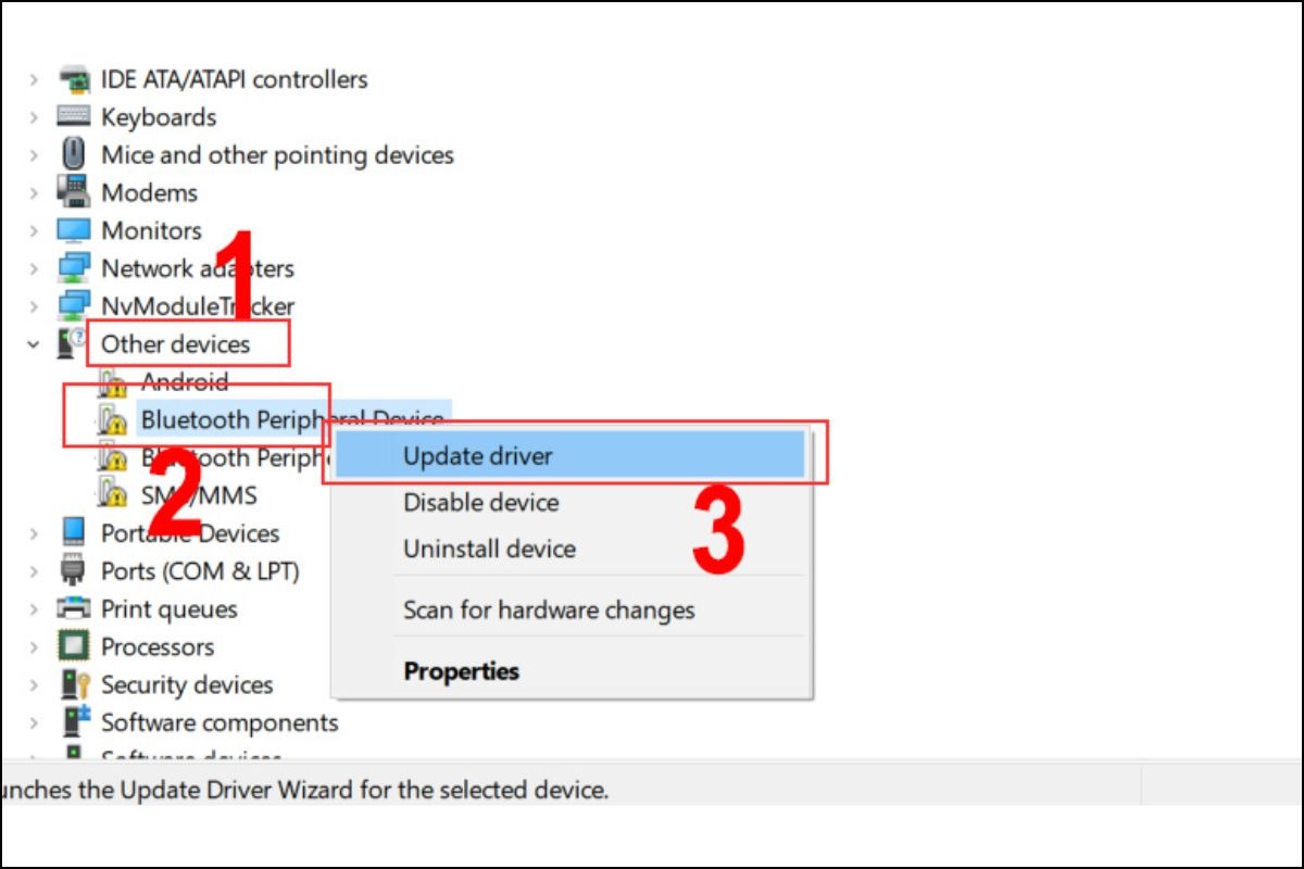 Nhấp chuột phải vào thiết bị Bluetooth, chọn Update Driver