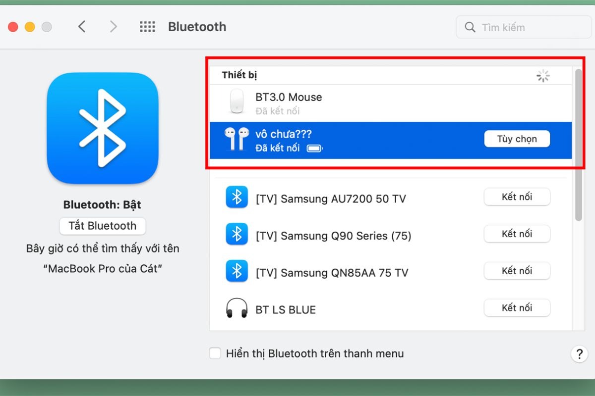 Chọn tai nghe Bluetooth từ danh sách các thiết bị được tìm thấy