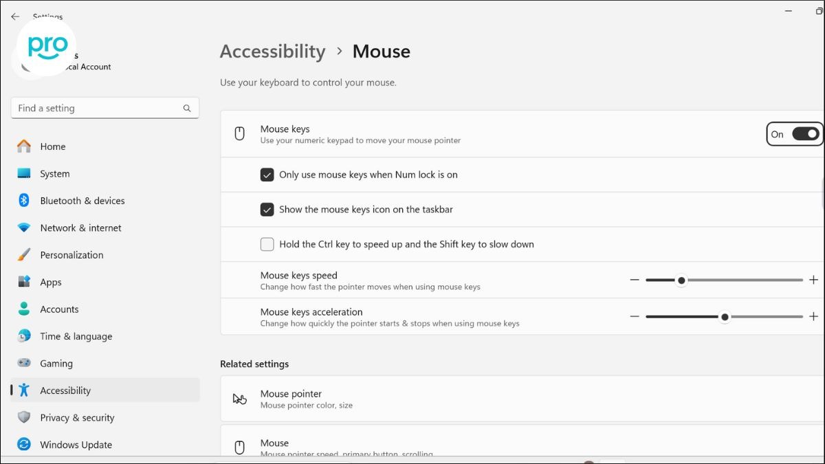 Cách Bật tính năng Mouse Keys cho phép bạn điều khiển con trỏ chuột và thực hiện các thao tác click
