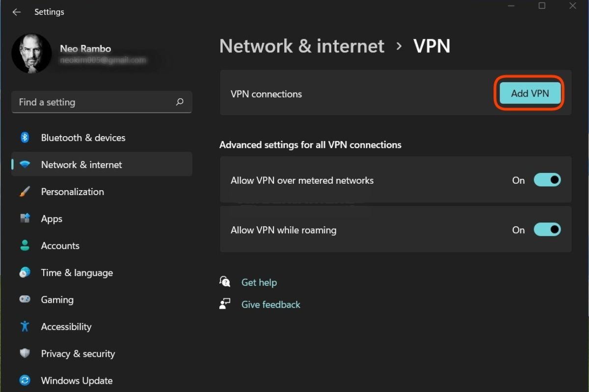 Nhấp vào nút Thêm kết nối VPN