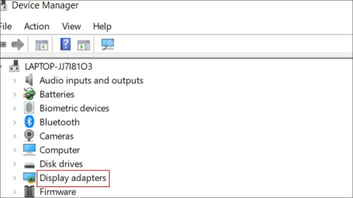 Khởi động laptop, sau đó bạn mở Device Manager trong thanh tìm kiếm của Windows, tìm đến mục Display adapters và mở rộng nó. Tại đây, bạn sẽ thấy tên card màn hình của laptop.